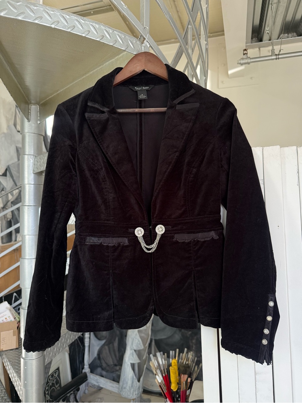 White House Black Market Black Velvet Victorian Style Chain-Accent Blazer Jacket